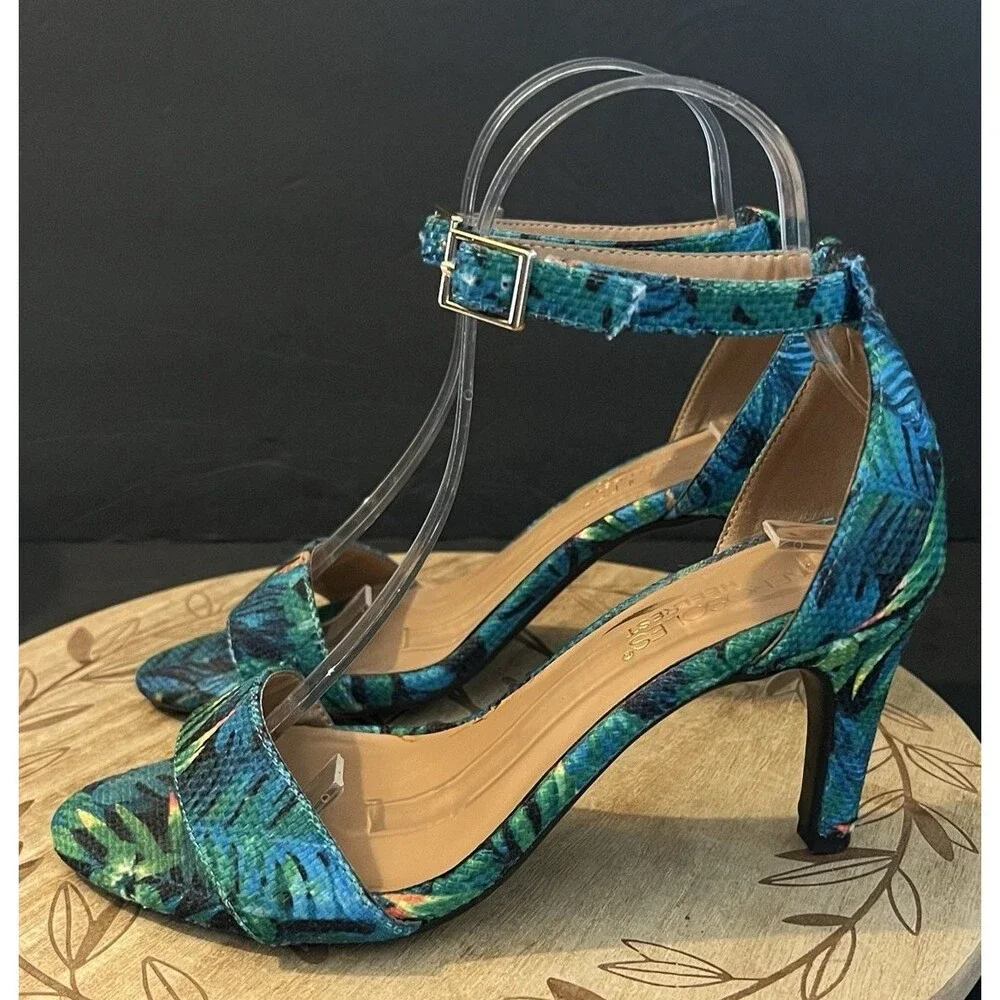 Aerosoles Laminate Blue Green Tropical Open Toe High Heel Pump Sandal Size 6.5M